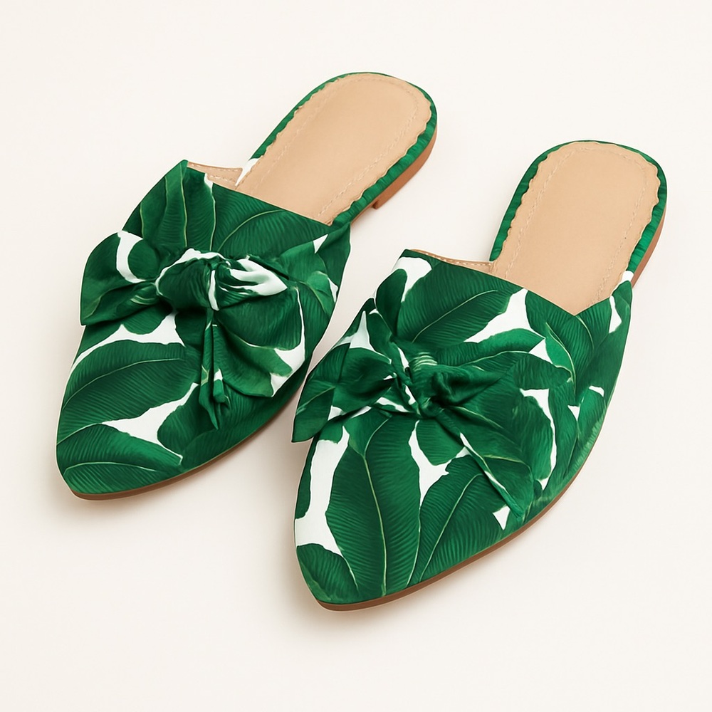 Restricted Emerald Leaf Bow Mules | Chic Slip-Ons | Size 9